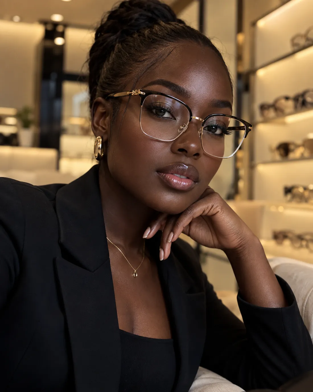 Cliente da Ótica Abreu usando armação de grau em acetato e metal dourado